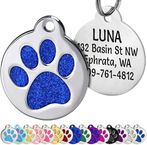 GoTags Personalized Paw Print Pet Tag Stainless Steel for Dogs and Cats, 4 Lines of Custom Engraved ID Name and Number, in Stainless Steel and 15 Colors Glitter (Large Pack of 1)