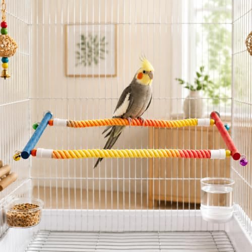 Bird Rope Perch for Cage, Climbing Perch with Bells, Long Activity Stand for Cockatiels, Conures, Parakeets and Budgies, Bird Cage Accessories for Climbing, Standing and Playing