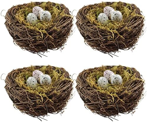 Artificial Birds Nest, 4PCS Crafts Handmade Natural Easter Birds Nest Rattan Birds Nest for Garden Yard Home Party Easter Decor Contains 12 Artificial Bird Eggs&4 Packs of Moss