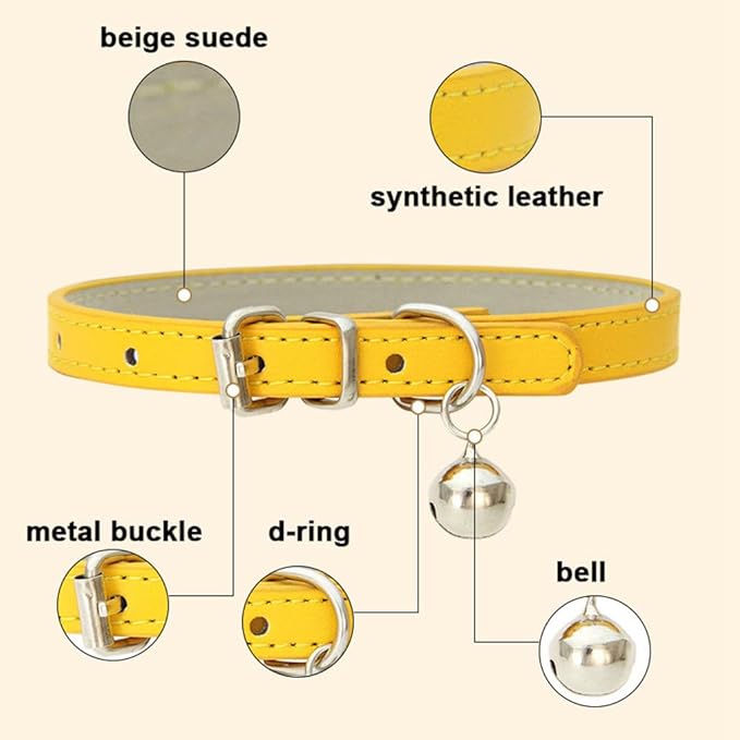 Pink Small Dog Collar with Bell, Soft Pu Leather Cat Collars Adjustable Buckle - Image 4
