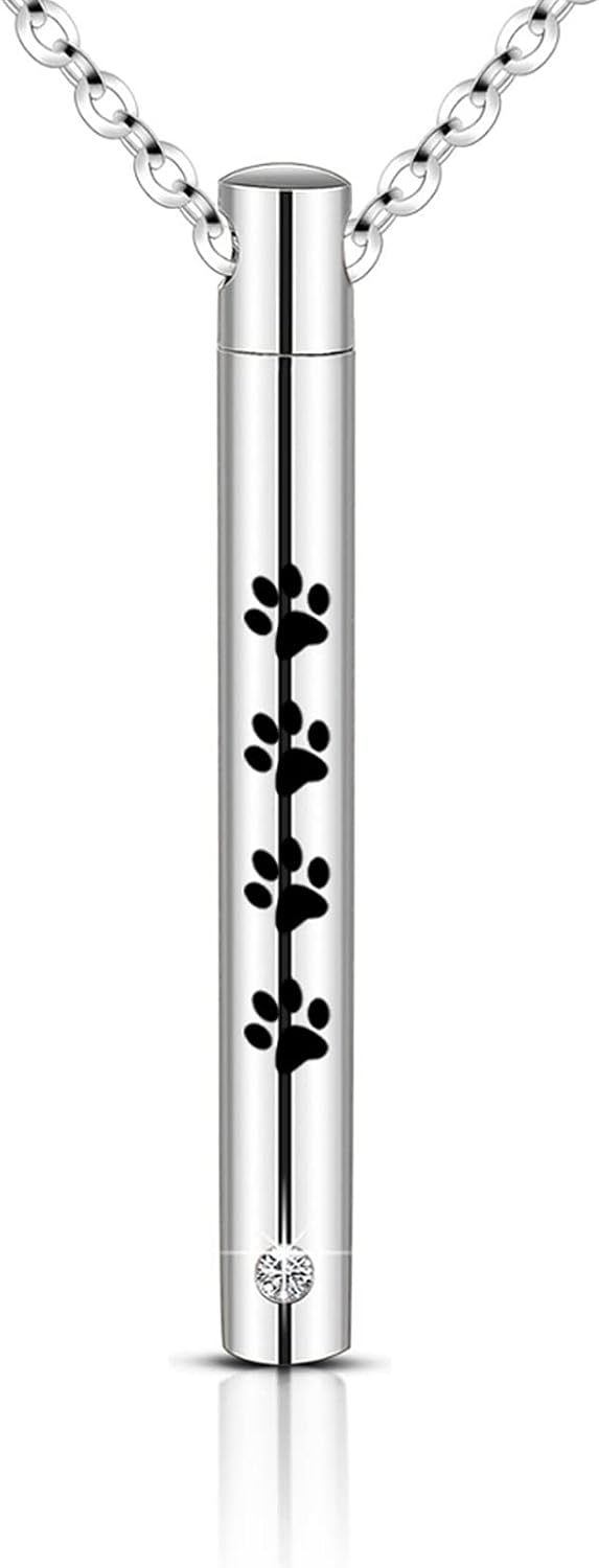 Cylinder Cremation Urn Necklace for Ashes Memorial Keepsake Pendant with Pet Paw Stainless Steel Remembrance Jewelry
