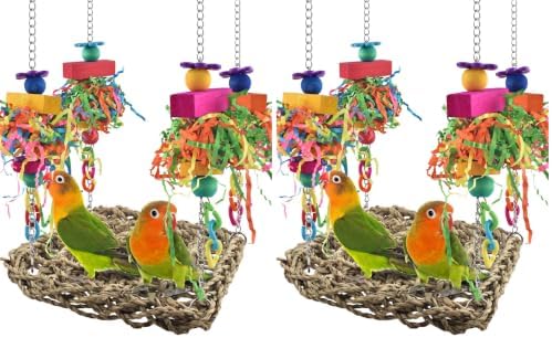 KATUMO Conure Toys, Bird Grass Swing Mat Parrot Climbing Hammock with Colorful Toys for Parakeet, Cockatiel, Sun Conure, Lovebird, Budgie, Small Birds (Pack of 2)