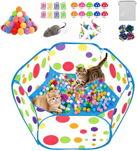 Cat Ball Pit with 227 Pcs Interactive Cat Toys, Enrichment Toys for Bored Indoor Cats Self Play, Include Pom Pom Balls Jingle and Crinkle Balls, Springs and Mice Toy for Kitten Fun and Exercise
