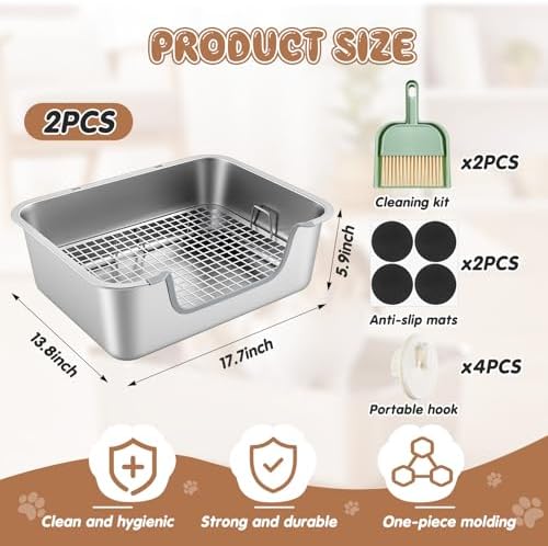 2 Pcs Rabbit Litter Box, XL Stainless Steel Bunny Litter Box with Grid&hook