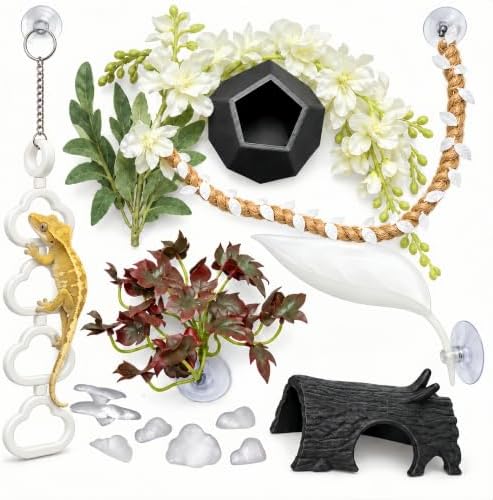 9-Piece Crested Gecko Tank Accessories Set, White Reptile Terrarium Decor with Bendable Vines, Artificial Plants, Climbing Ladder, Leaf Platform and Hideouts for Geckos and Lizards