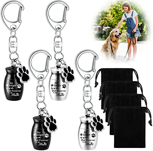 Sasylvia 4 Pcs Pet Urns Keychain Pet Ashes Keychain Dogs Keepsake Cremation Jewelry Stainless Steel Dog Paw Charm Ashes Holder with 4 Storage Bags for Cats Memorial