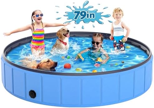 Instraella 79"x16" Dog Pool for Large Dogs, Heavy Duty Hard-Side Foldable Pet Pool, Non-Slip Collapsible Dog Bathing Tub with Drain, Portable Kiddie & Dog Swimming Pool for Outdoor & Indoor Use