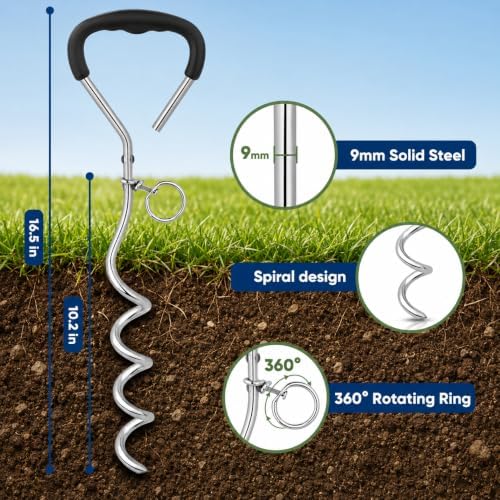 16-Inch Heavy-Duty Dog Tie-Out Stake – 9mm Solid Steel Spiral Dog Anchor with 360° Tangle-Free Ring & Soft-Grip Handle – Easy-to-Install Ground Stake for Yard, Camping & Outdoor Use