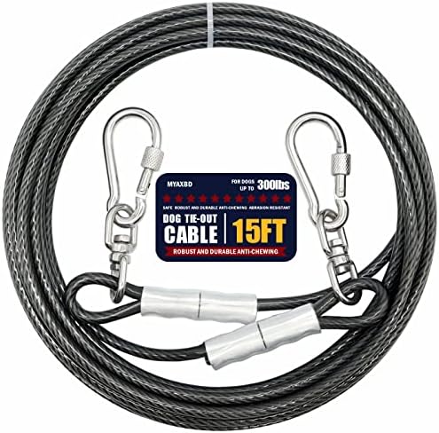 15FT Dog Tie Out Cable – 5mm Diameter Heavy Duty Lead with 1000lbs Break Strength, Chew-Proof & Tangle-Free for Medium & Large Dogs, Outdoor Use (Grey)