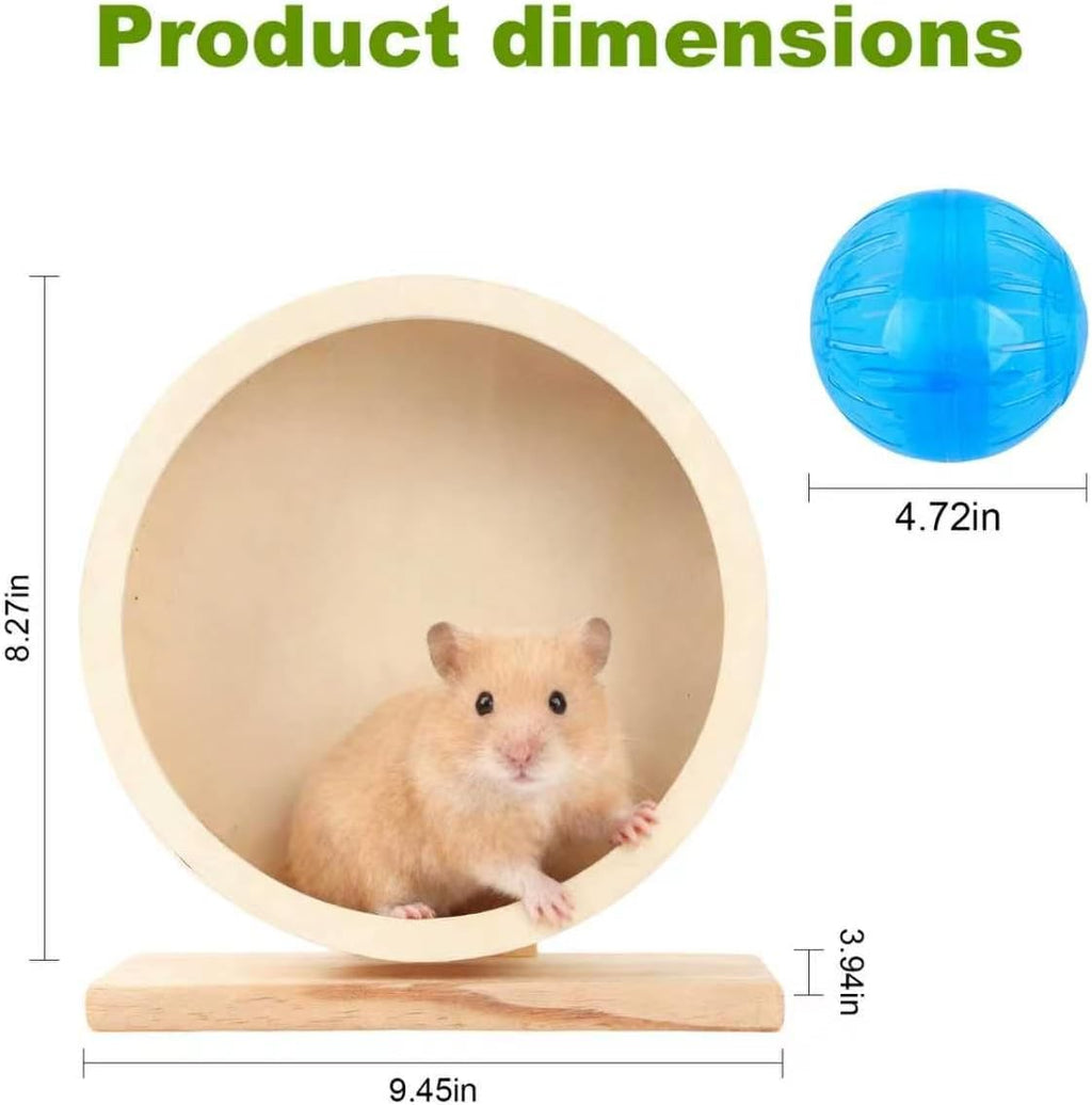 9 Inch Hamster Wooden Silent Exercise Running Wheel with Mini Running Ball