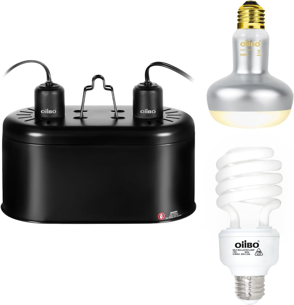 Reptile Heat Lamp Blub Combo Pack, Dual, Dual Reptile Lamp Fixture with Intense Basking Spot Light UVA Daylight Reptile Heat Lamp & 26W Energy Saving UVA 10.0 UVB Bulb Spiral Compact Bulb