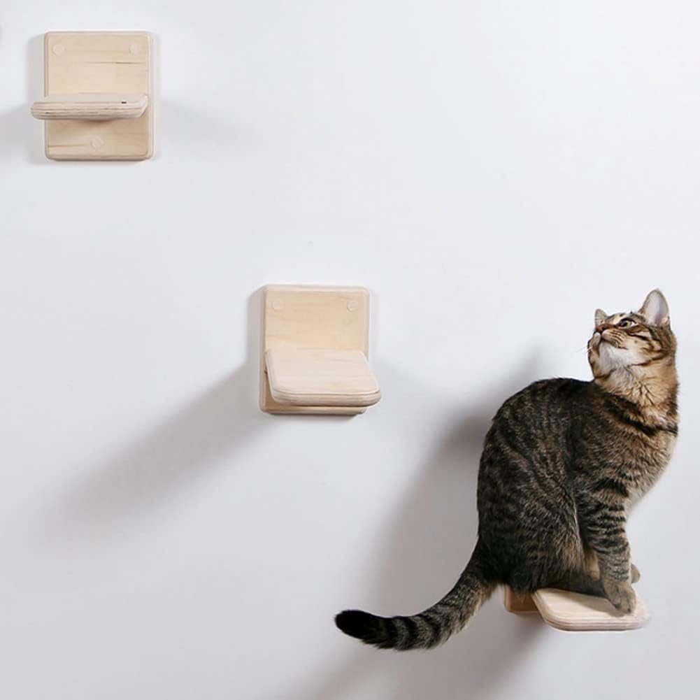2 PCS Wooden Cat Wall Shelves & Climber – Space-Saving Indoor Cat Steps with Hammock, Natural Solid Wood (2 PCS)