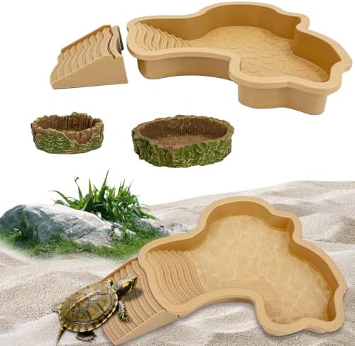 3PCS Tortoise Habitat Accessories, Creature Bathing Pool with Ramp & Basking Area, 2PCS Simulation Tree Stump Feeding Dish for Turtle Gecko Frog Semi-Aquatic Species (Yellow)