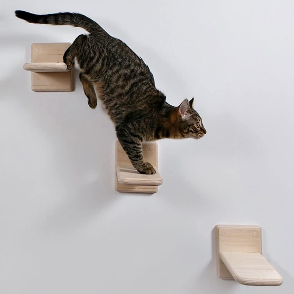2 PCS Wooden Cat Wall Shelves & Climber – Space-Saving Indoor Cat Steps with Hammock, Natural Solid Wood (2 PCS)
