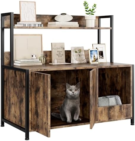 GarveeHome Litter Box Enclosure, Cat Litter Box Furniture with Removable Divider, Large Hidden Litter Box Furniture, Wooden Cat House, End Side Table, Rustic Brown