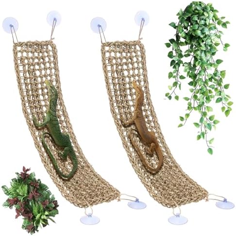 2 Pcs Bearded Dragon Hammock Reptile Lounger, Natural Seagrass Climbing Habitat Decor with Jungle Theme for Lizards, Geckos, Snakes, Iguanas, Amphibians and Terrarium