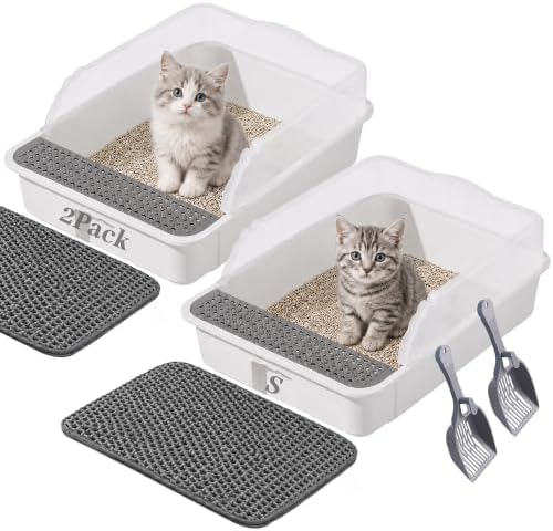 2 Pack Small Cat Litter Box with Mat & Scoop, Open Top High Sides