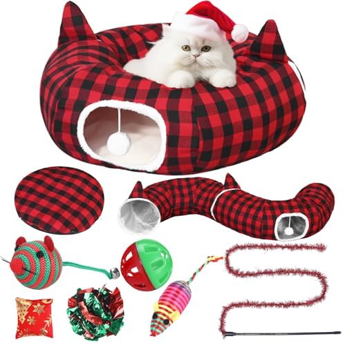 Dansydaisy Cat Tunnel Christmas Tree Skirt, Plaid Buffalo Cat Tunnel Bed with Toys, Hanging Pom Ball Plush Washable Cushion and Dangling Balls 3FT Peekaboo Playground for Small Rabbit Xmas Decor