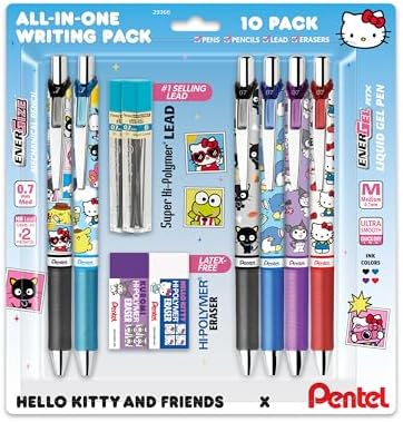 Pentel Writing Essentials 10 Pack, Hello Kitty® and Friends, Limited Edition, 4 EnerGel 0.7mm gel pens, 2 EnerGize 0.7mm pencils, 2 bock erasers, and 2 refill leads