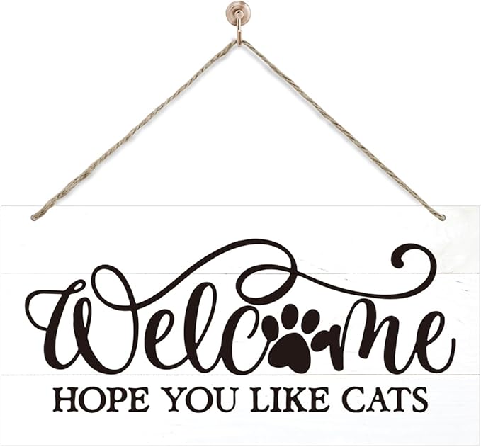 Welcome Sign for Front Door, Welcome Decor Wooden Hanging Sign for Cats Lover by corner+wind