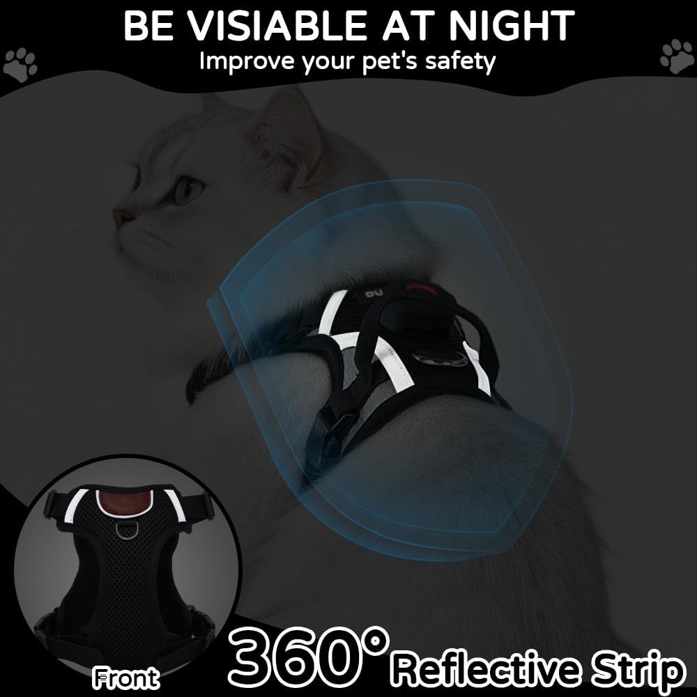 Cat Harness and Leash Set with Holder Compatible with AirTag, Upgraded Escape Proof Adjustable Vest Lead for Large Cat Small Dog Walking, Soft Breathable Mesh Jacket with Reflective Strips, Black, L