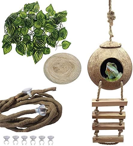 PINVNBY Crested Gecko Coco Hut with Ladder Natural Lizard Coconut Shell Hideout Home Mini Condo for Reptiles Durable Cave Habitat with Hanging Loop Coconut Texture Provide Food for Pets