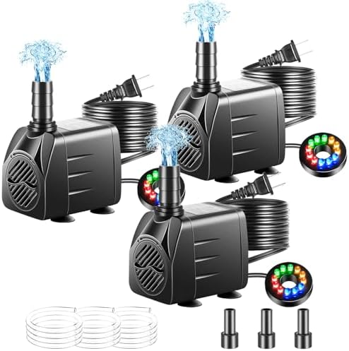 3 Pack Submersible Pump with Led Light, Small Fountain Pump with Tubing, Submersible Water Pump for Aquarium Fish Tank Indoor or Outdoor Pond Fountain Hydroponics Statuary (10W 160GPH)