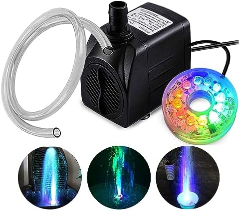PULACO 160GPH Small Fountain Pump, 10Watt Submersible Pump with Automatic Color Changing LED Light and 3.3 ft Tubing for Water Feature, Outdoor Pond, Aquarium fish tanks