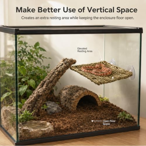 Reptile Hammock with 2 Suction Cups, Handwoven Natural Grass Terrarium Wall Platform, 7.9 x 6.3 in Elevated Resting and Climbing Perch for Leopard Geckos, Anoles and Small Reptiles