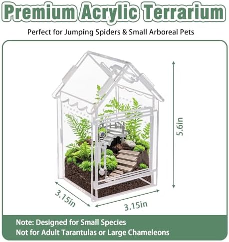 Acrylic Terrarium Kit for Jumping Spiders & Tarantulas - 3.15"x3.15"x5.6" Spider Enclosure with Magnetic Feeding Door & Secure Latch - Ideal Reptile Cage, Praying Mantis Habitat, Bug Terrarium