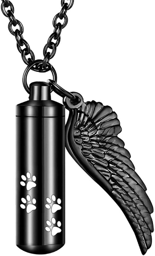 abooxiu Cylinder Cremation Necklace for Pet Ashes With Angel Wing Paw - Urn Necklace for Dog/Cat Memorial Keepsake Jewelry