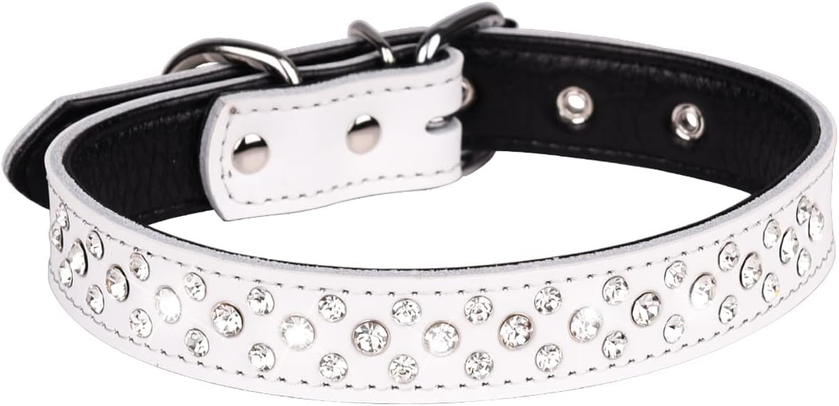 Rhinestones Dog Collar, Adjustable Sparkly Crystal Studded Genuine Leather Pet Dog Collar for Small and Medium Dogs (M, Red)