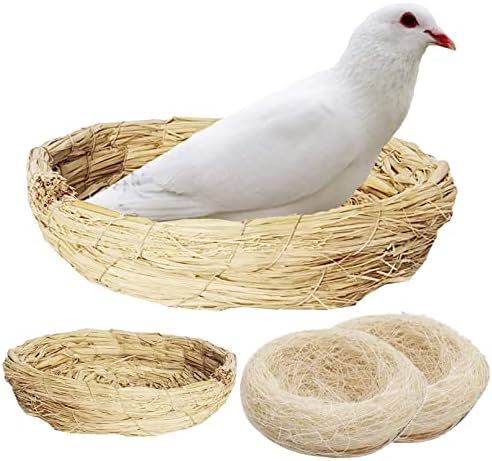 Fhiny Handmade Woven Bird Spawning Nest with Coconut Fiber Liner Flat Base Straw Bird Nest Bed Hatch Roosting for Dove Pigeon Parrot Turtle Quail Macaw Cuckoo Sparrow