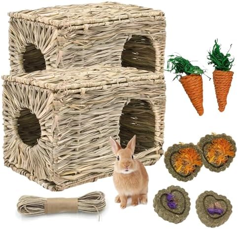 kathson 2 Pcs Large Rabbit Grass House Natural Foldable Hand Woven Seagrass Bed Carrot Hay Toy Hut Safe Comfortable Playhouse with 6 PCS Bunny Chew Toys for Bunny Hamster Guinea Pig Chinchilla Ferret