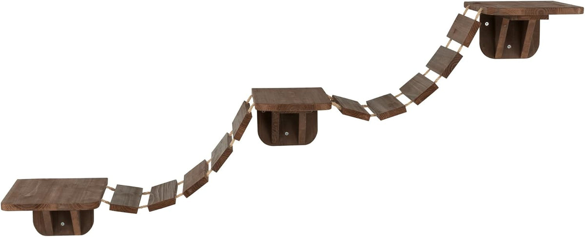 TRIXIE Wall Mounted Cat Bridge – Space-Saving Cat Wall Shelves for Climbing, Jumping & Vertical Play – Elevated Cat Furniture with 3 Platforms – Espresso Brown, 59.1 x 11.8 x 5.5 in
