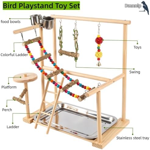 Wood Bird Playground, Bird Play Stand with Removable Tray, Feeder Cups, Ladder, Swing & Chew Toys for Cockatiel, Parakeet