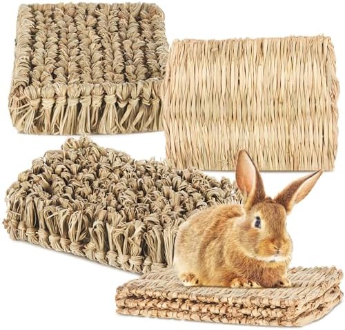 Blulu 4 Pcs Rabbit Grass Bed Rabbit Mats Guinea Pig Hamster Bedding Hay Bunny Natural Straw Woven Bed Handmade Bedding Sleeping Grinding Nesting and Chewing for Chinchilla Hedgehog Small Animal