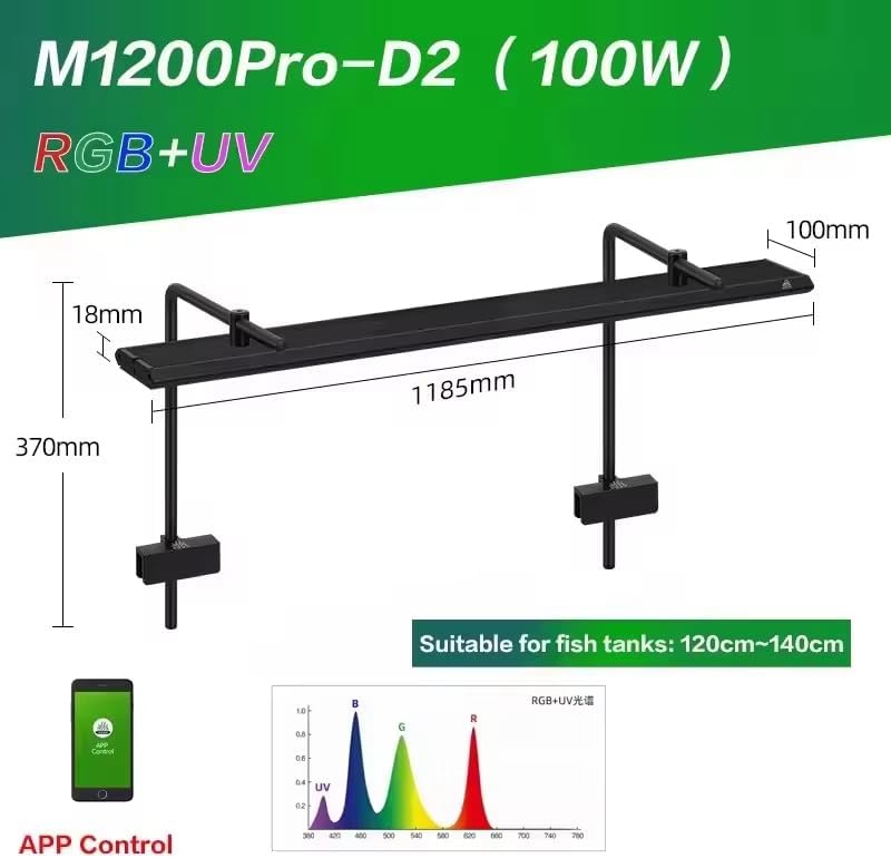Week Aqua M1200Pro-D2 100W 6000LM Full Spectrum Aquarium Light, RGB+UV App Controlled Plant Grow Light with Timing Dimming for 120-140cm Freshwater Planted Tanks (M1200Pro-D2)
