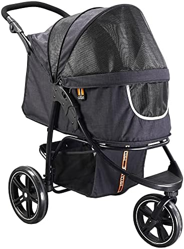 COOPER dog & pet robust buggy, jogger holds up to 32 kg / 70lbs, easy fold, multi-height adjustable soft touch handle, reflective accents, mesh inserts, zippered exits, storage basket below