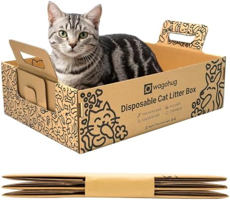 Disposable Cat Litter Box 3 Pack, Foldable Portable Travel Litter Box for Cats, Waterproof Leakproof Cardboard Kitty Litter Box for Travel, Moving, Temporary Use & No-Clean Cat Care