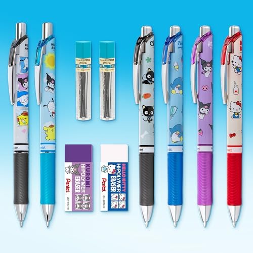 Pentel Writing Essentials 10 Pack, Hello Kitty® and Friends, Limited Edition, 4 EnerGel 0.7mm gel pens, 2 EnerGize 0.7mm pencils, 2 bock erasers, and 2 refill leads