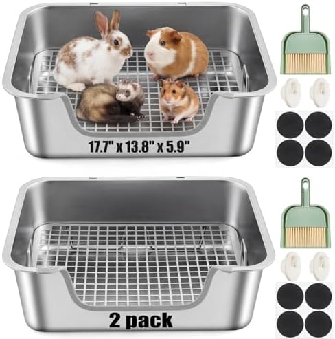 2 Pcs Rabbit Litter Box, XL Stainless Steel Bunny Litter Box with Grid&hook