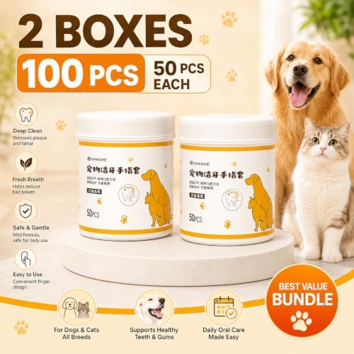 Dog Dental Wipes, 100 Count No-Rinse Finger Wipes for Dogs & Cats, Pet Teeth Cleaning Wipes to Help Remove Plaque & Tartar, Disposable Dog Toothbrush Wipes for Oral Care