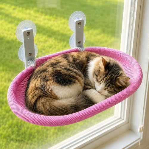 Foldable Cat Window Perch with Suction Cups & Grey Breathable Mesh Cover