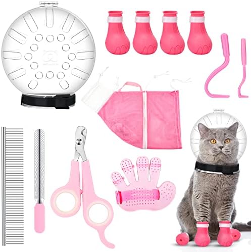 Therwen 8 Pcs Cat Bathing Bag Set Adjustable Pet Shower Net Bag Cat Helmet for Grooming Breathable Muzzle Boots Paw Covers Nail Clipper Nail File Tick Tool Massage Brush Comb Pet Trimming Cleaning