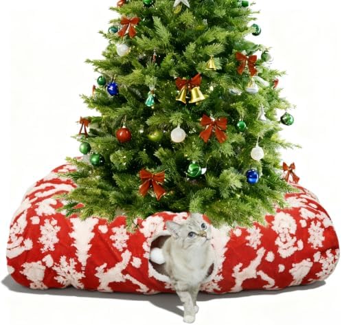 Extra Large Cat Tunnel Bed for Indoor Cats with Warm Mat,Cat Toys Cave Dount Tube for Xmas Decor Red