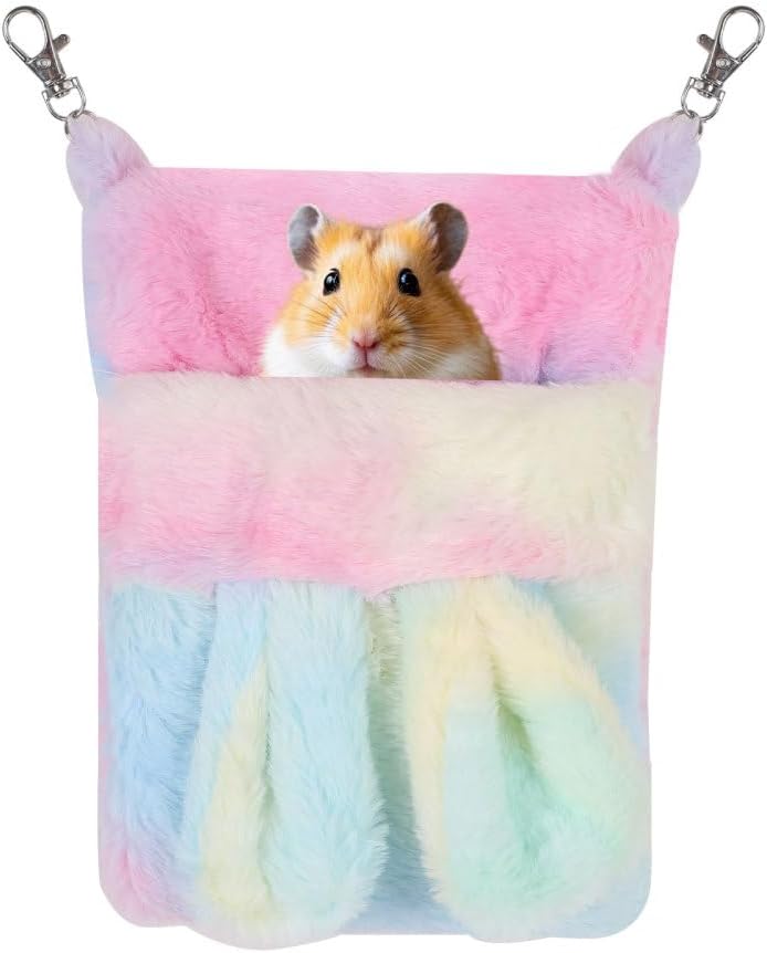 MiOYOOW Sugar Glider Sleeping Pouch, Warm Plush Hamster Bed with Cute Ear Colorful Cage Hanging Small Animals Nest for Guinea Pig Ferrets