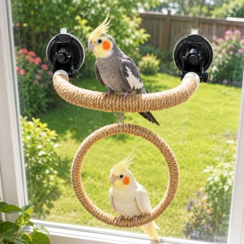 Natural Flax Bird Perch Window Stand for Climbing Grinding, Strong Suction Cup Bird Perch, Movable Parrot Perch Stand for Window Mirror Bath Car, Window Perch for Birds Cockatoo Parrot Cockatiel