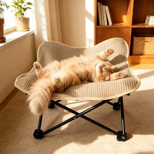 Foldable Cat Hammock Bed, Elevated Sisal Scratching Lounge with Metal Frame