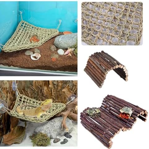 Adullpony Bearded Dragon Tank Accessories Set: Reptile Habitat Decor with Climbing Hammock Toys, Natural Wood Hideout for Hermit Crab, Lizard, Leopard Gecko,Crested,Tortoise, Snake
